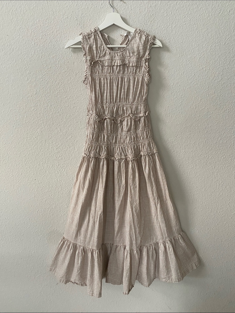 Caroline Constas Tan White Gingham Check Plaid Midi Smocked Sundress size small - Picture 2 of 7